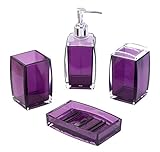 4-Piece Bathroom Accessories Set, Includes Decorative Countertop Soap Dispenser, Dish, Tumbler, Toothbrush Holder, Resin Vanity Ensemble Set for Bathroom, Powder Room, Kitchen - Purple