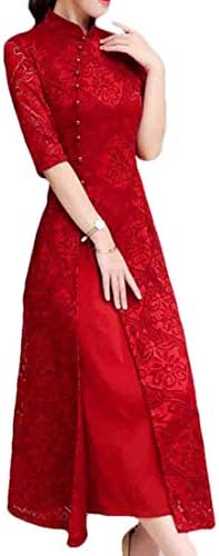JXG WomenChinese Style Lace Slim A-Line Split Cheongsam Half Sleeve Long Dress