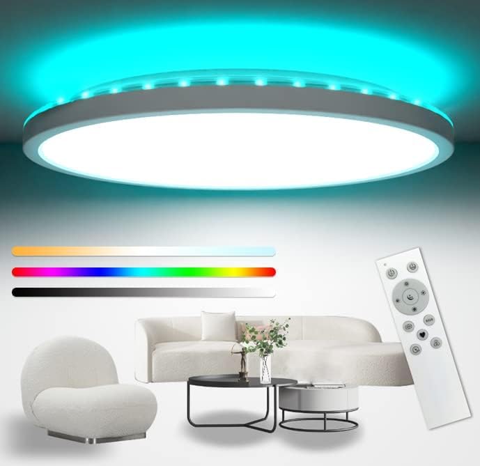 Peasur 42cm LED Ceiling Light 3000-6000K Large, 32W 4000LM Bathroom Light Dimmable with Remote Control, RGB Color Changing Backlight, Big Flush Round Ceiling Lights for Living Room Bedroom Kitchen