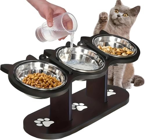 Last page® Raised Feeding Bowl, Cat and Dog Indoor with Black Stand, 3 Stainless Steel Adjustable Height Pet Feeding Set, 15° Tilt Raised Dog Bowl Stand (Black)