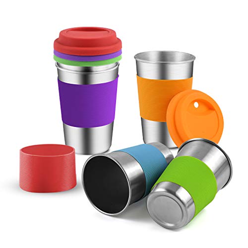 Stainless Steel Cups, Supkiir Metal Drinking Tumblers with Silicone Lids&Sleeves, Unbreakable Light Drinking Cups For Kids/Adults, Set of 5 Metal Cups for Coffee Beer Milk Wine -BPA Free