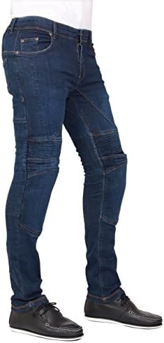 Men's Motorcycle Skinny Slim FIT Denim Jeans with Aramid Lining - Dark Blue
