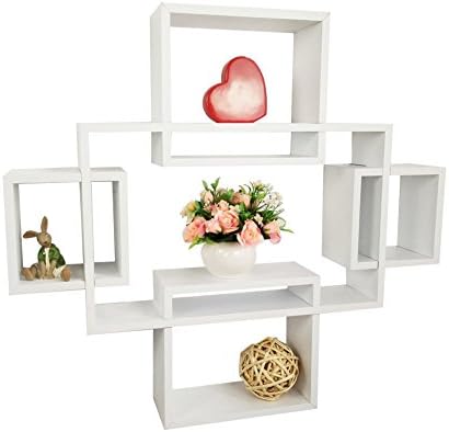 Shelving Solution Intersecting Squares Wall Shelf，Included with 12 Hooks (White, Set of 5)