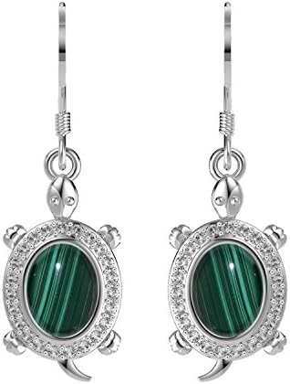 2.40ct, Genuine Cabochon Malachite & 925 Silver Plated Tortoise Dangle Earrings