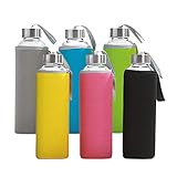 6 Pack - Glass Water Bottles with Multi-Color Neoprene Sleeves, 18 oz Capacity, Kombucha, Smoothies, Juice, Reusable, Back to School, by California Home Goods