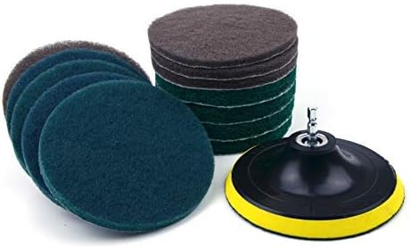 POLIWELL 12 PCS, 3 Different Stiffness, 5 Inch (125MM) Round Scrubbing Pads with Holder for Electric Dill, Hook&Loop Industrial Scouring Pad for Kitchen Cleaning, Nylon Brush Cleaning Kit