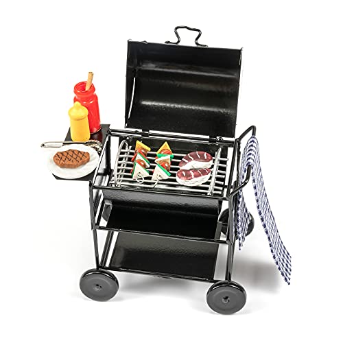 SAMCAMI Dollhouse Furniture Kitchen Grill Set (7 PCS) – Metal Grill, Skewers, Steak and Other Dollhouse Accessories - 1:12 Scale Miniature Dollhouse Decoration (Square Black)