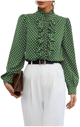 Amazon.com: Women's Ruffle Neck Polka Dot Ruffle Long Sleeve Top