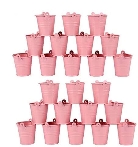 MARGUERASW 24 x Mini Metal Buckets – Favour Box, Mini Metal Hanging Flower Pots, Small Metal Buckets with Handles – Pink