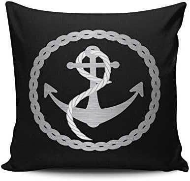 WULIHUA Decorative Throw Pillow Covers Black and Silver Nautical Anchor in Rope Circle European Outdoor Cushion Cover Pillowcase Size 26x26 Inch Simple and Elegant Design Double Sided Printed