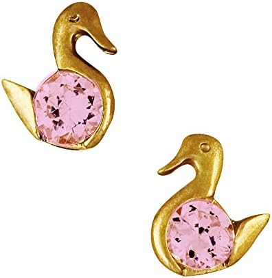 14K Yellow Gold CZ Birthstone Swan Stud Kids Earrings With Safety Screw Backs (June-Alexandrite)