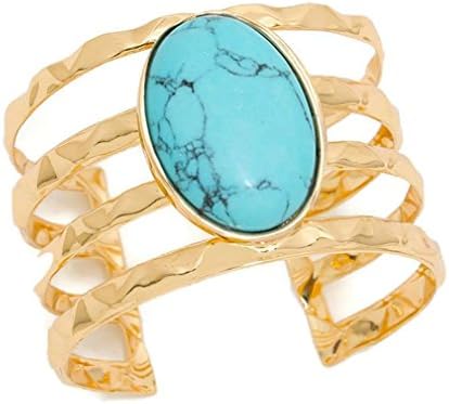 Howlite Stone Cabochon Cage Gold Cuff Bracelet in Turquoise Coral Ivory or Neutral Stone (Turquoise)