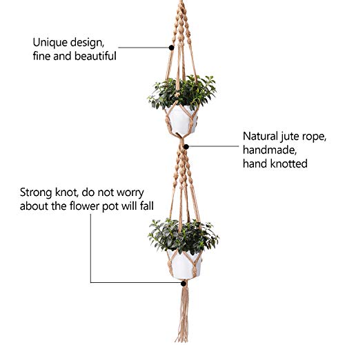 Macrame Plant Hangers, PEMOTech 50 Inch Double Hanging Plant Holder, Plant Hangers Hold Up 45 Pound Plant Pot, Handmade Natural Jute Fiber (Pack of 2) - Thumbnail 3