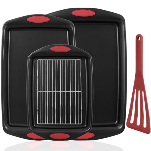 5-Piece Nonstick Baking Pans Set - Premium Carbon Steel Bakeware with PFOA/PFOS/PTFE-Free Coating, Red Silicone Handles (Black Red)