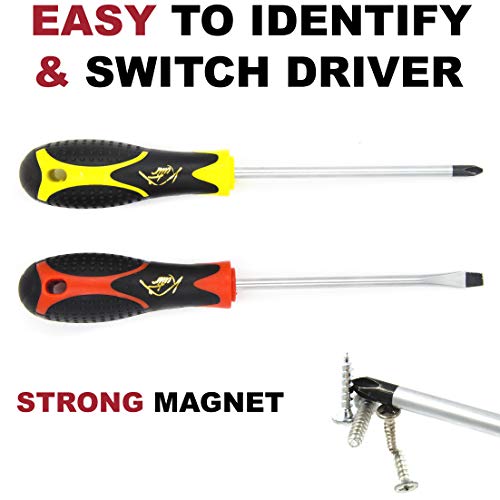 Screwdriver Set 6 Pieces Phillips and Slotted NON-SLIP WIDE COMFORTABLE HANDLE, Micro-Fine Grip, Heavy Duty, Rust Resistant, Ergonomic Fluted, MAGNETIC TIPS - Craftsman Toolkit For Wet, Oily Hand Work