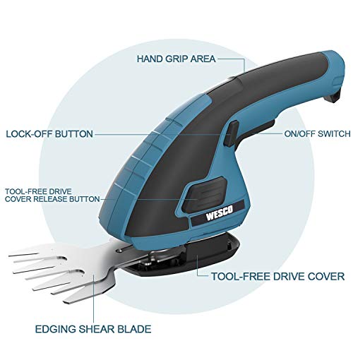 WESCO Cordless Hedge Trimmer 7.2V Grass Shears, 2in1 Handheld Shrub