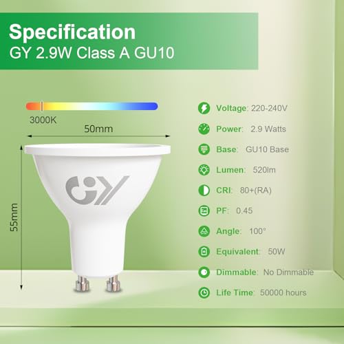 GY GU10 2.9W Class A Ultra Energy Efficient LED Bulb 3000K Warm White,520LM Energy Saving Equivalent 50W,100 ° Light Angle,Non-Dimmable,Pack of 10