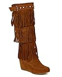Nature Breeze BD05 Women Suede Fringe Studded Moccasin Knee High Wedge Boot - Tan