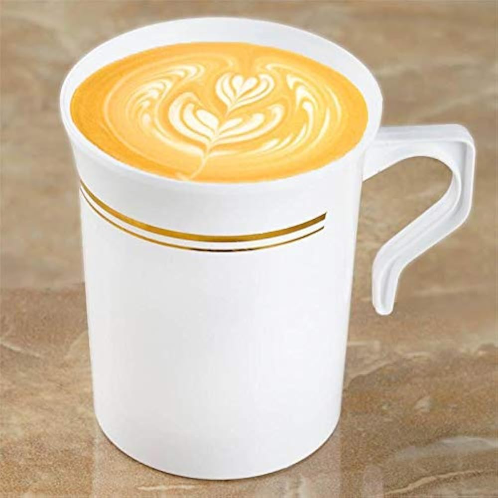 Coffee Mugs 50 Heavyweight Disposable White Plastic 8 Oz. With Gold