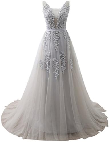 SHANGSHANGXI Formal Evening Dresses Deep V-Neck Tulle Burgundy Prom Dresses for Women (US22W, Grey)
