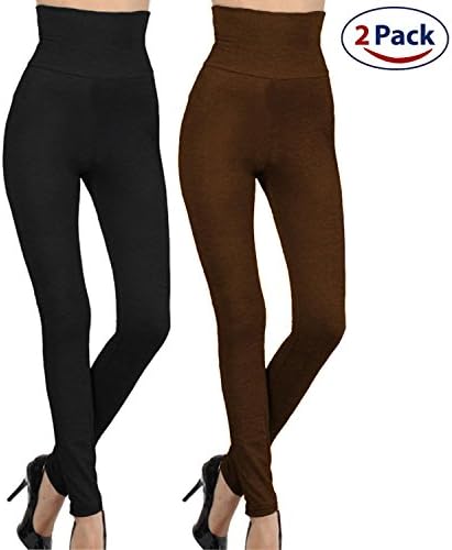 Kuda Moda 2-Pack High Waist Fleece Lined Tummy Control Full Length Legging Winter Compression Top Pants (S/M/L, Black/Brown)