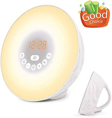 Sunrise Alarm Clock, Wake Up Light with 6 Nature Sounds, FM Radio, Digital Clock, Color Light,FM Radio and Touch Control (Wood-White)