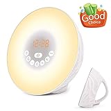 Sunrise Alarm Clock, Wake Up Light with 6 Nature Sounds, FM Radio, Digital Clock, Color Light,FM Radio and Touch Control (Wood-White)
