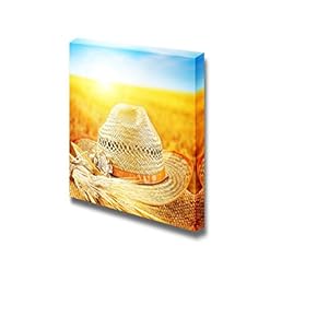 Canvas Prints Wall Art - Wheat Field and The Hat of a Farmer Autumn Harvest Concept | Modern Wall Decor/Home Decoration Stretched Gallery Canvas Wrap Giclee Print & Ready to Hang - 12" x 12"