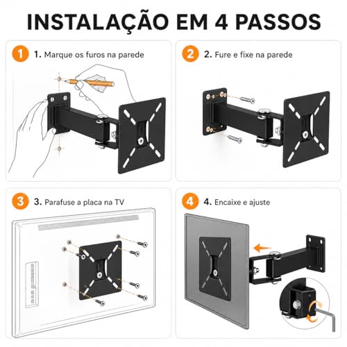 Suporte de TV Articulado de Parede 10 a 55 Polegadas Universal Inclinável Giratório 4 Movimentos para LED LCD OLED Smart TV 4K Plasma Suporta até 40kg com Kit de Instalação