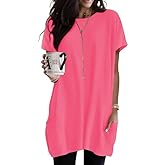 Poetsky Summer Womens Tunic Tops for Leggings with Pockets Short Sleeve Casual Long T Shirts S-3XL