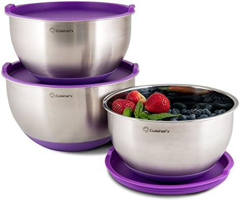 3 Piece Mixing Bowl Set by CuisineFx. Professional Kitchen Grade Bowls Made of Stainless Steel with Silicone Non-Slip Bottoms, Protective Lids and Volume Measuring Markings, 3QT, 4QT, 5QT