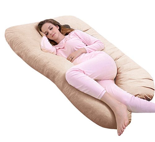 Ang Qi 55 inch Full Body Pregnancy Pillow with Washable Velvet Cover, U Shaped Maternity Pillow, Full-Size, Khaki