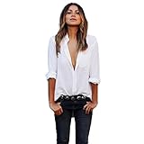 VESNIBA Women Sexy Blouse Long Sleeve Shirt Loose Pocket Shirts V Neck Tops