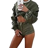 Womens Long Sleeve Short Pullover Sweatshirt Hollow Crop Tops (Green,M)