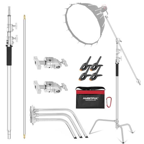 AMBITFUL Heavy Duty Stainless Steel C Stand with Boom Arm - Max Height 320cm/10.5ft Photography Light Stand with 128cm/4.2ft Clamping Arm, 2 Grip Heads