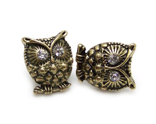 Vintage cute crystal eye bronze owl stud earrings jewelry retro diamante