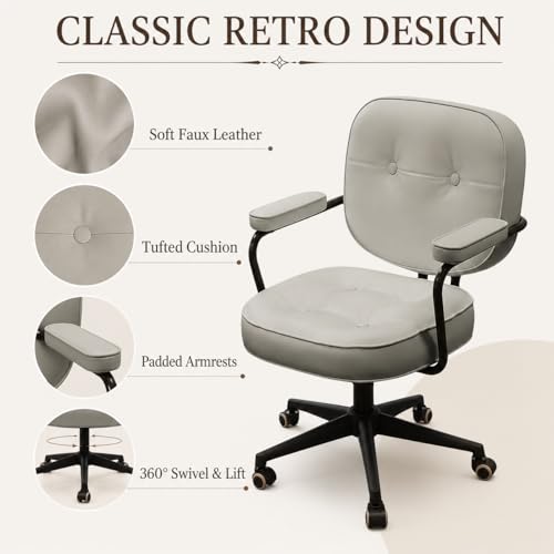 Retro Office Swivel Chair, Height Adjustable Faux Leather Desk Chair with Backrest, Padded Armrests, Tufted Cushion and Rolling Wheels for Home Office, Study Room, Bedroom, Khaki
