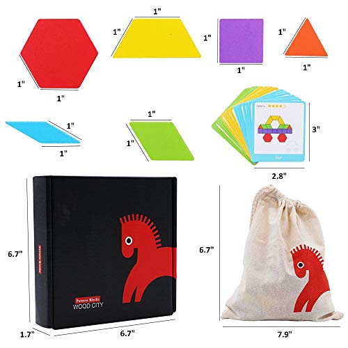 image for WOOD CITY Wooden Pattern Blocks Set 130 Pcs, Geometric Shapes Tangram 