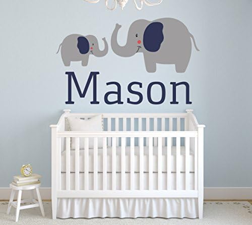 Elephant Wall Decal Custom Name Baby Boy Nursery Decor Personalized Gift Vinyl Art (42"W x 26"H)