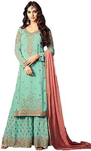 Women's Latest Sea Green Embroidered Sharara Style Salwar Suit Dress Materials