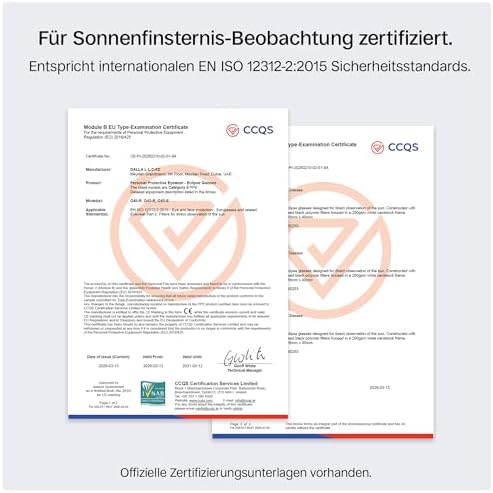 Sonnenfinsternis-Brillen 45 mm, 2er-/6er-/12er-Pack, Weiß, Passt über Korrekturbrillen, Zertifizierter Augenschutz, EN ISO 12312-2:2015 geprüft, CE-gekennzeichnet – Randpassform