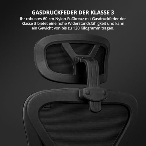 DRAIR35 - Gaming-Stuhl, hochwertiges gespanntes Netz und verstärktes Polymer, Latexsitz, gepolsterte Armlehnen, Kolbenklasse 3, drehbar, verstellbar, schwarz.