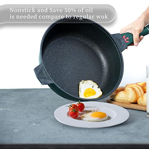8 in 1 Nonstick Deep Frying Pan with Glass Lid, 11 Inch Large Skillet with Steamed Grid, PFOA-Free, Dishwasher&Oven Safe, Wok with All Stovetops(Green)