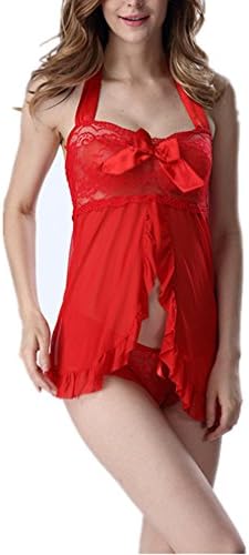 DoraVico Women's Sexy Lingerie Chemise Babydoll Bikini Set Halter Open Front Halterneck See Through Lace Red Plus Size X-Large