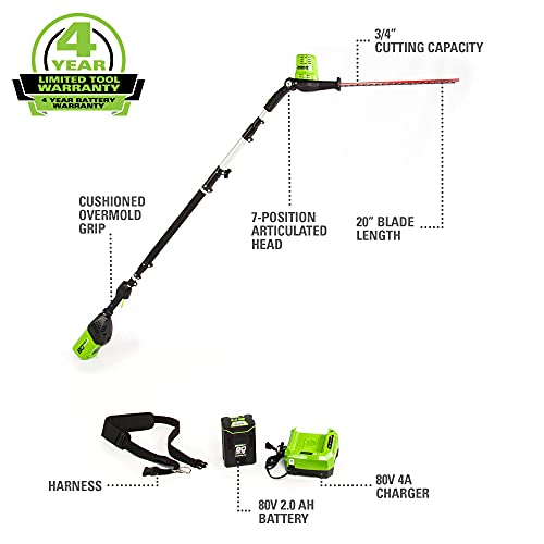 Greenworks Pro 80V 20" Cordless Pole Hedge Trimmer, 2.0Ah Battery and