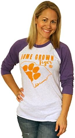 NCAA Womens CLEMSON Shirt with HOMEGROWN TIGER by Tough Little Lady,Purple/Wh Raglan,XL