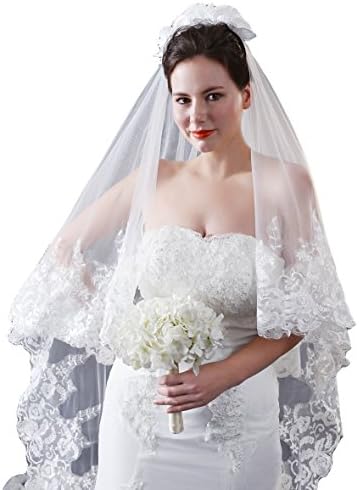 Leekida White 2 Tiers Long Cathedral Chapel Elegant Floral lace Wedding Bridal Veils With Blusher