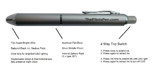 Britta Products LED Pen, The Pilot's Pen, Aviator Model - LED Powered Ink Penlight with Night Vision Lenses - Thumbnail 3