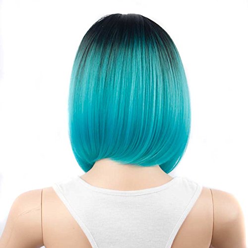 Black/Cyan Ombre Wig Full Head Bob Style Straight Cosplay Synthetic