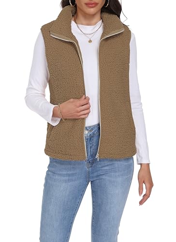 Bdtecaor Teddy Fleece Weste Damen Ärmellose Westen Warm Kurze Winterjacke Bequem Einfarbig Übergangsjack Leicht Jacke Outdoor Fleeceweste Khaki Xxl
